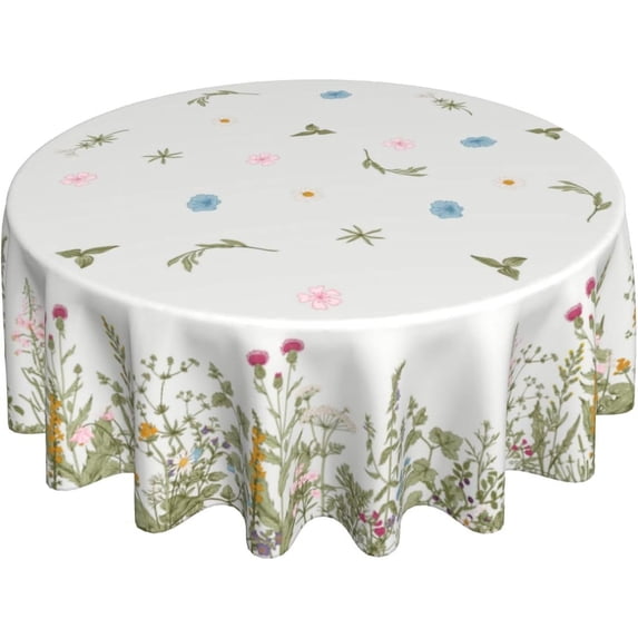 Spring Summer Wild Flowers Table Cloth Pink Blue Floral Plant Decorative Tablecloth Round 60 Inch Vintage Green Leaf Washable Table Cover For Holiday Party Home Kitchen Dinning Room Picnic Decor