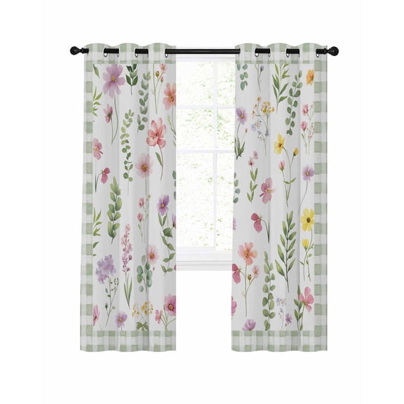 Spring Summer Wildflower Blackout Curtains for Bedroom Living Room, Eucalyptus Leaves Green Plaid 39 In Long Thermal Insulated Room Darkening Drapes Grommet Window Treatments, 27.5 x 39 In