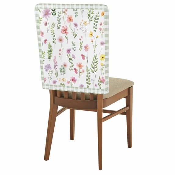 Spring Summer Wildflower Chair Covers Set of 4 Eucalyptus Leaves Green Plaid Chair Back Covers Stretch Removable Washable Slipcovers Protector for Dining Room Kitchen Party Decor