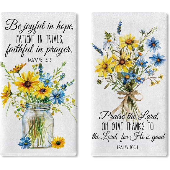 Spring Summer Wildflower Christian Kitchen Dish Towels Set of 2, Religious Flower Mason Jar Bible Verse Drying Hand Towel Baking Cooking Cloth, Floral Bathroom Home Decoration 18'' x 26''