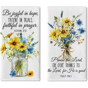 Spring Summer Wildflower Christian Kitchen Dish Towels Set of 2, Religious Flower Mason Jar Bible Verse Drying Hand Towel Baking Cooking Cloth, Floral Bathroom Home Decoration 18'' x 26''