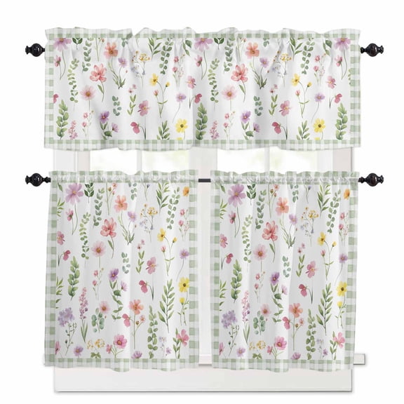 Spring Summer Wildflower Kitchen Curtains Valances and Tiers Set of 3 Eucalyptus Leaves Green Plaid Tier Curtains and Valance for Kitchen Bathroom Small Windows 27.5"W x 24"L (Pack of 3)