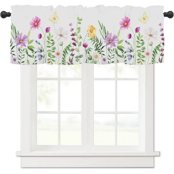 Spring Summer Wildflower Leaf Kitchen Curtains Valances for Windows Floral Leaves Valance Easter Farmhouse Short Rod Pocket Window Curtain 1 Panel for Window Treatment Decorations 54x18inch