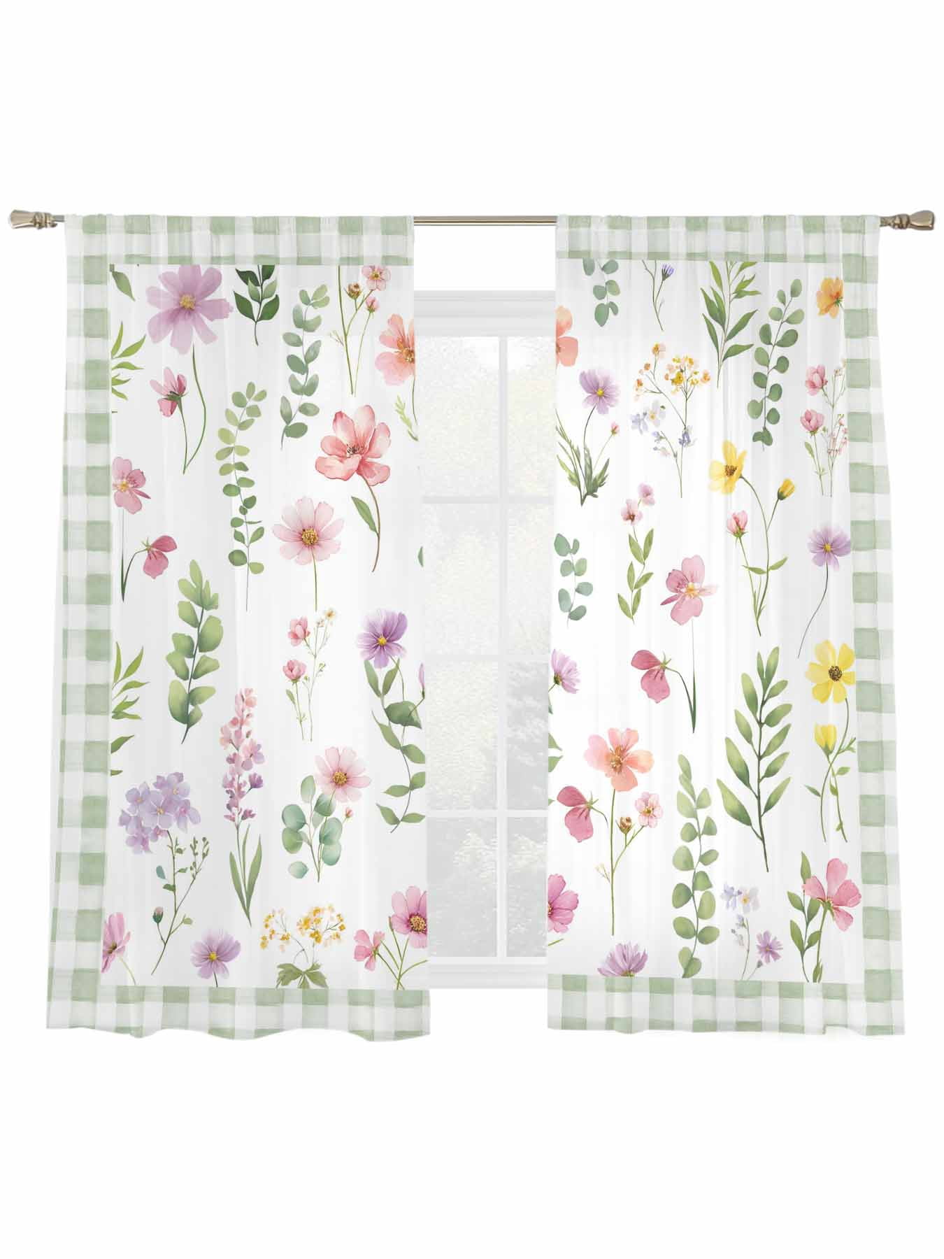 Spring Summer Wildflower Sheer Curtains 2 Panels Set Eucalyptus Leaves ...