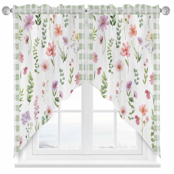 Spring Summer Wildflower Swag Kitchen Curtain Valances, Eucalyptus Leaves Green Plaid Rod Pocket Curtains Window Treatment Decor Valances for Bedroom Bathroom, 2 Panels 28 x 36 Inch