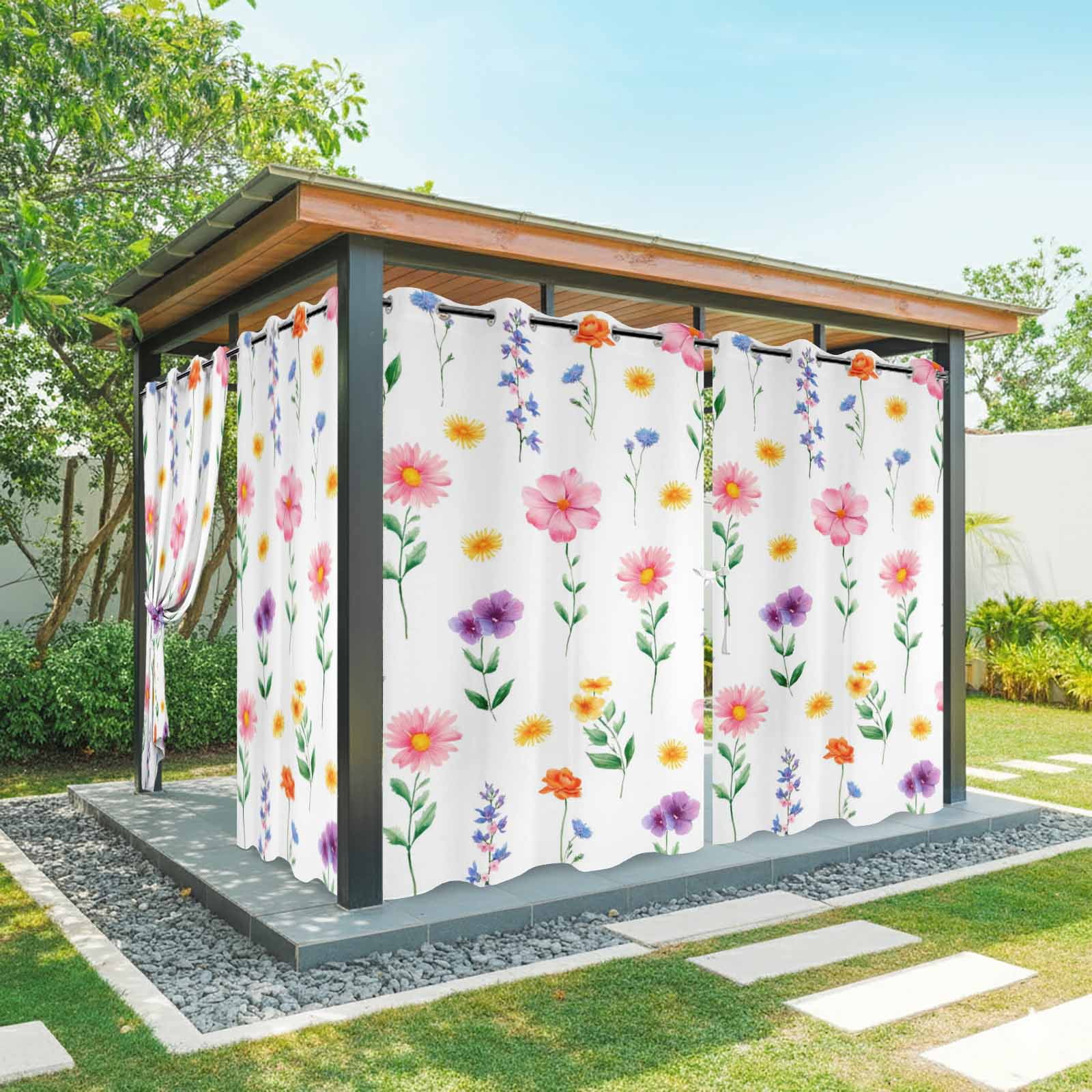 Spring Summer Wildflowers Outdoor Curtains for Patio, Pink Green Yellow Floral Sunshade Privacy Drapes Grommet Waterproof Outside Curtains for Porch/Cabana/Balcony 54"x 95", 2 Panel