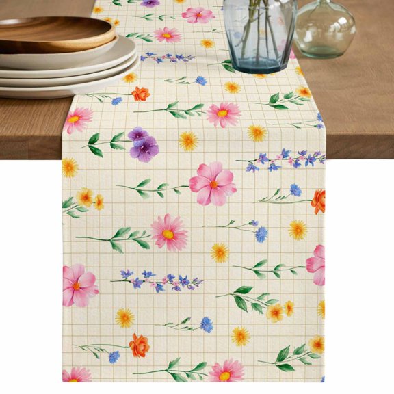 Spring Summer Wildflowers Table Runner, Pink Green Yellow Floral Plaid Cotton Linen Table Cloth, Tablerunner for Kitchen Dining Party Wedding Home Decor 13x36 Inch