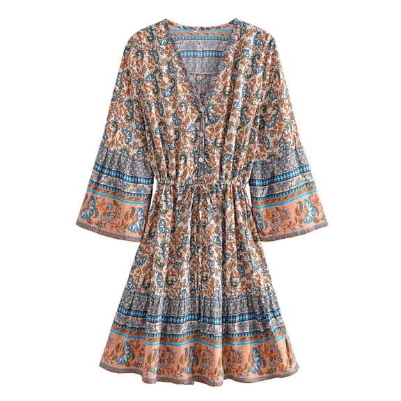 Spring Summer Women Floral Print Tassel V-neck Bohemian Mini Dresses Robe Lady Vacation Flare 3/4 Sleeve Beach Boho Dress Vestidos