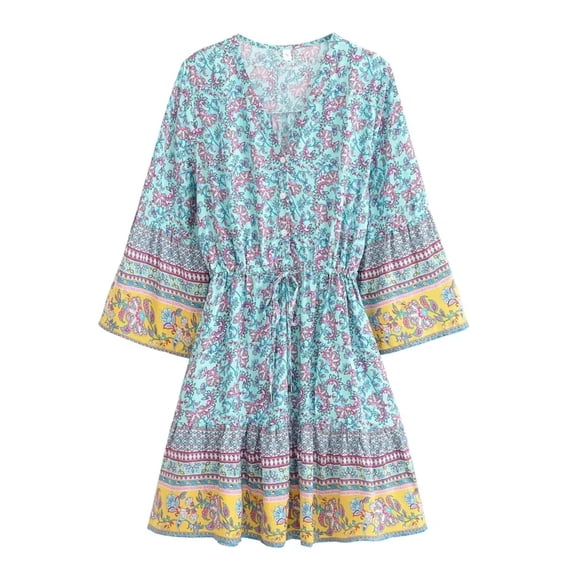 Spring Summer Women Floral Print Tassel V-neck Bohemian Mini Dresses Robe Lady Vacation Flare 3/4 Sleeve Beach Boho Dress Vestidos