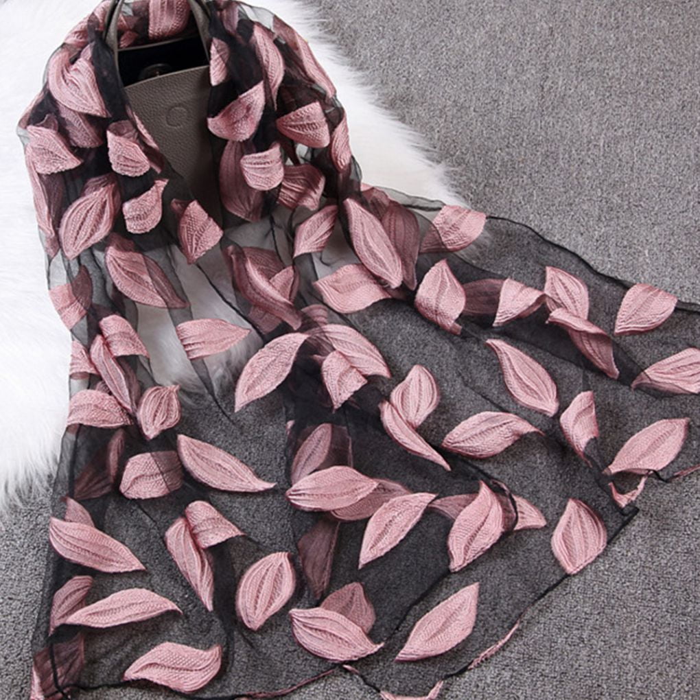 Spring Summer Women Girls Leaves Jacquard Organza Scarf Shawls