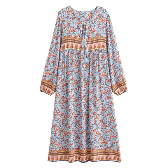 Spring Summer Women Lace-up Tassel Ethnic Wild Floral Print Vocation Beach Bohemian Maxi Dress Boho Dress Robe