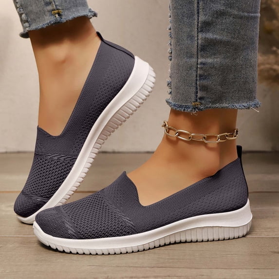 Spring Summer Women Mesh Walking Shoes Breathable Non-Slip Soft Sole Slip-on Loafers Tennis Shoes Gray 37