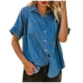 thumbnail image 1 of Spring/Summer Women Relaxed Fit Pure Color Denim Shirt With & Short Sleeves, 1 of 9