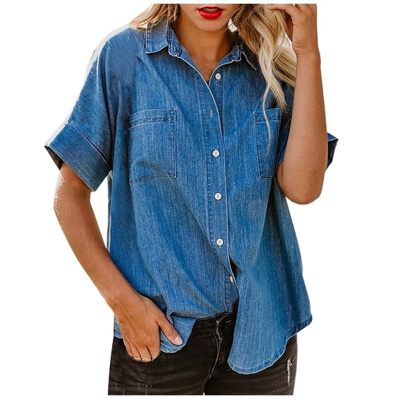 Spring/Summer Women Relaxed Fit Pure Color Denim Shirt With & Short Sleeves