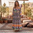 thumbnail image 1 of Spring Summer Women Tie Neck Ethnic Floral Print  Beach Bohemian Maxi Dresses Ladies Ruffles Pleated Boho Dress Robe Vestidos, 1 of 5