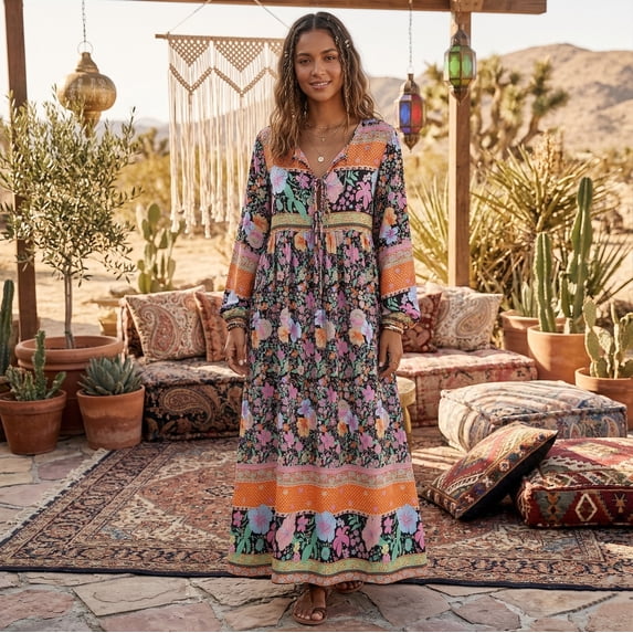 Spring Summer Women Tie Neck Ethnic Floral Print Beach Bohemian Maxi Dresses Ladies Ruffles Pleated Boho Dress Robe Vestidos