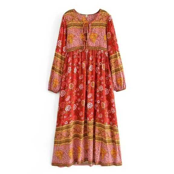 Spring Summer Women Tie Neck Ethnic Floral Print  Beach Bohemian Maxi Dresses Ladies Ruffles Pleated Boho Dress Robe Vestidos