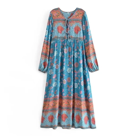 Spring Summer Women Tie Neck Ethnic Floral Print Beach Bohemian Maxi Dresses Ladies Ruffles Pleated Boho Dress Robe Vestidos