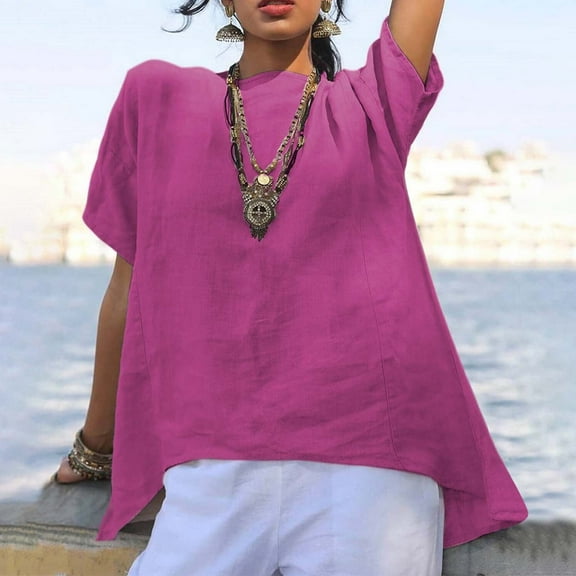 Spring Summer Women Tops Plus Size Linen Short Sleeve Crew Neck Pullover Blouse Shirt Solid Color Casual Loose Asymmetrical Going Out Tops For Women