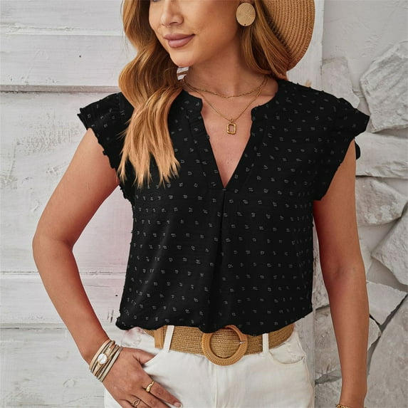 Spring Summer Women Tops Short Sleeve V-Neck Solid Color Pullover Blouse Shirt Cap Sleeve Casual Loose Leisure Dressy Going Out Tops For Women