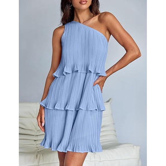 Spring/Summer Women's Asymmetrical Shoulder Layered Hem Solid Color Dress