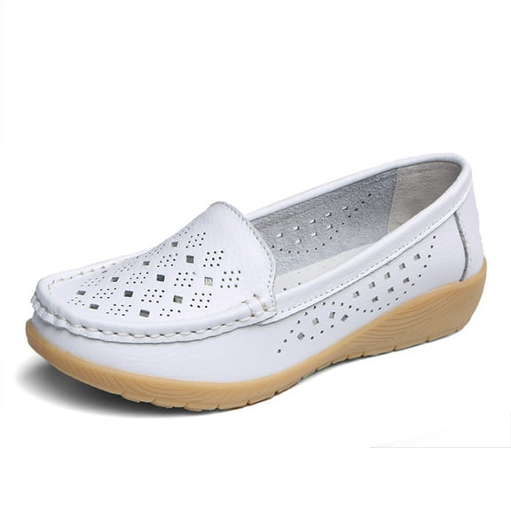 Spring Summer Women's Casual Hollow Loafers Slip On Leather Shoes Lightweight Casual Walking Shoes Female Moccasins Classic Penny Loafer Flats Boat Shoes