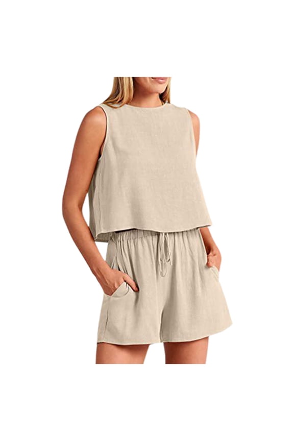 Spring Summer Women's Casual Sleeveless Two Piece Set - High Waist Shorts, for Casual/Beach