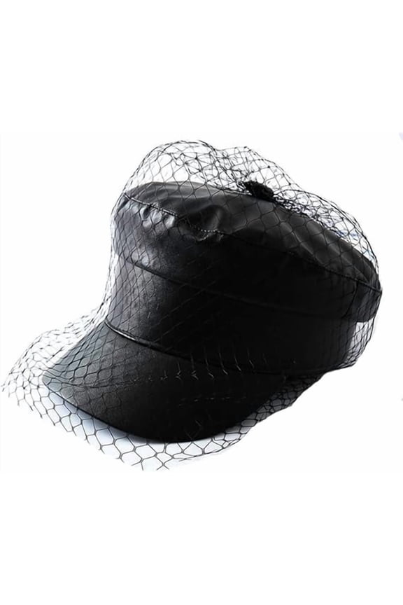 Spring Summer Womens Newsboy Cap, Solid Black PU Leather Lace Veil Beret Hat, Fashionable Octagon Cap with Mesh Detail