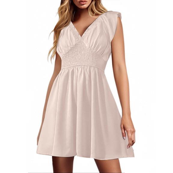 Spring/Summer Women's Pleated V Neck Cover Up Dress - Short Sleeve Button Waist Beach Skirt