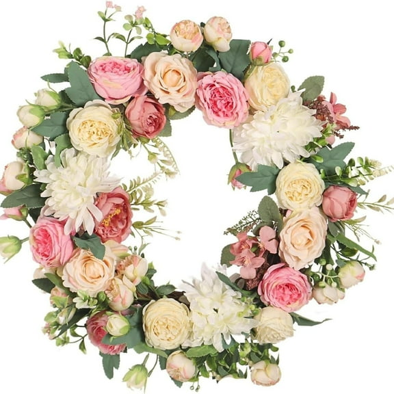 Spring Summer Wreath for Front Door - 16 Inch Artificial Peony & Rose Floral Wreath, All-Season Outdoor/Indoor Decoration for Valentine’s Day, Wedding, Window, Wall & Home Decor