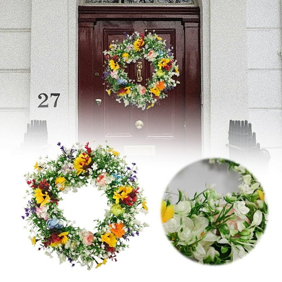Spring Summer Wreath for Front Door 17.7 Inch - Artificial Floral Wreath with Sunflowers, Daisies and Olive Leaves for Indoor Outdoor Farmhouse Home Decor, Wall, Porch & Window