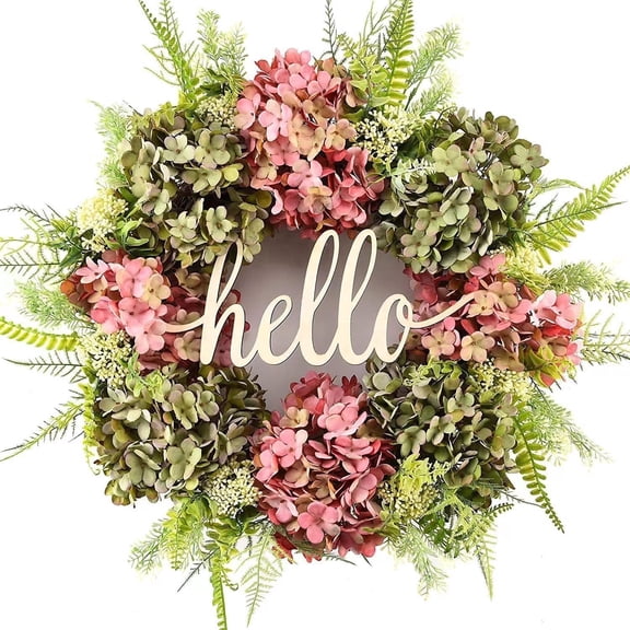 Spring Summer Wreath for Front Door 18 Inch - Artificial Hydrangea Year-Round Wreath with Welcome Sign, All Season Outdoor Indoor Decor for Home Wall Window