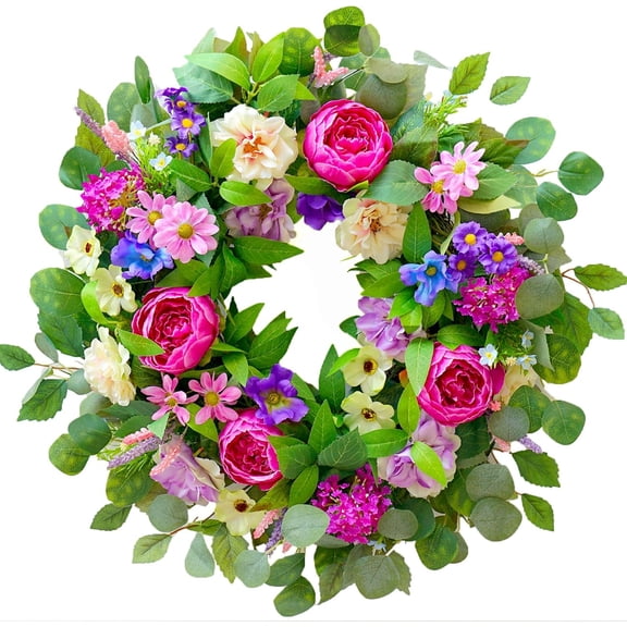 Spring Summer Wreath for Front Door, Artificial Floral Wreaths with Green Leaves Daisy Peony hydrangea Eucalyptus for Porch Patio Garden Indoor Outdoor door Wall Decor Party Holiday Decoration
