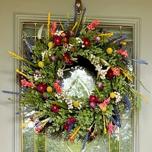 Spring Summer Wreath for Front Door, Artificial Spring Decoration for Home, Multi-Color Farmhouse Flower Wreath, Greenery Floral Wreath for Home Décor Outdoor Indoor, 18"