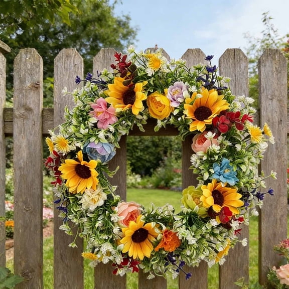 Spring Summer Wreath for Front Door, Sunflower and Daisy with Eucalyptus Leaves, Mixed Flower, Artificial Wreath for Front Door Outdoor Home Decor Multiple