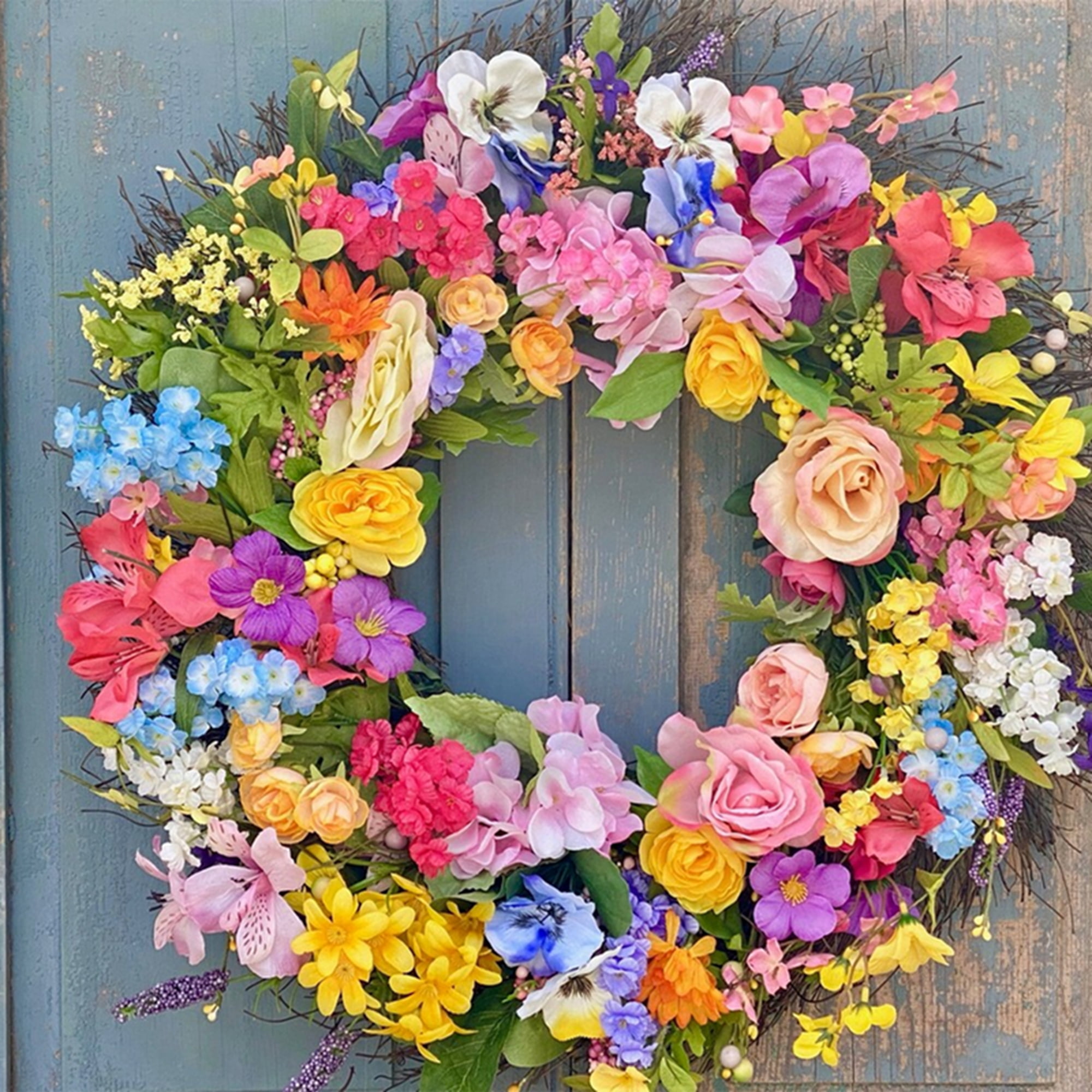 YearRound Floral Door Wreath for All Seasons Artificial Flowers and Green Leaves Wreath for