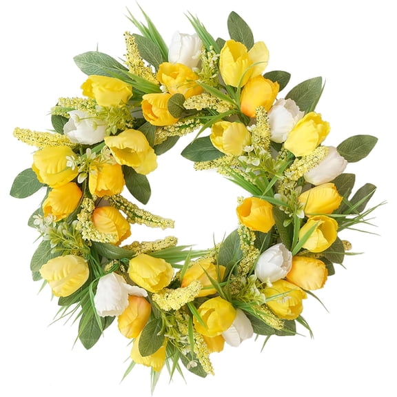 Spring Summer Wreaths for Front Door,Purple Tulip Wreath for Decoration, 22 Inch Door Wreaths Indoor Outdoor for Party Holiday Farmhouse Wedding Home Wall Window Decor (Yellow & white)