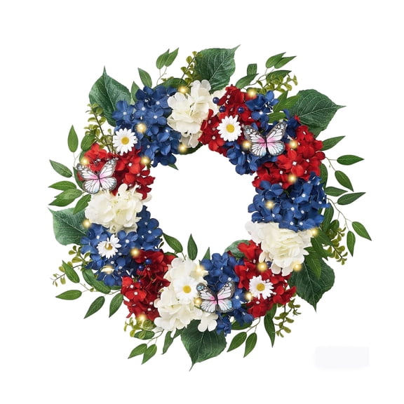 Spring Summer Wreaths for Front Door, Silk Blue Green White Hydrangeas Floral Wreath with Eucalyptus Leaves Butterfly for Home Porch Window Party Wedding Arch Decor