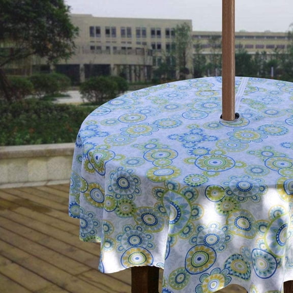 Spring/Summer Wrinkle-Free Waterproof Outdoor Tablecloth with Umbrella Hole and Zipper,60 Inch Round, Seats 4 People