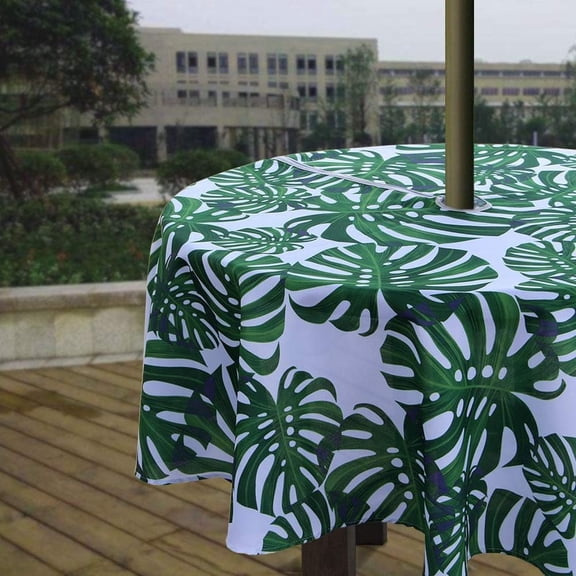 Spring/Summer Wrinkle-Free Waterproof Outdoor Tablecloth with Umbrella Hole and Zipper, Green Leaves, 60" Round-Zippered
