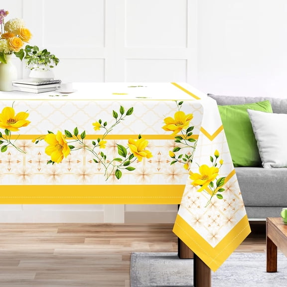Spring Summer Yellow Floral Tablecloth 60x120 Inch, Waterproof, Stain Resistant, Ideal for Large Tables, Party, Picnic, Dinner Decor, Vibrant Yellow Flower Design