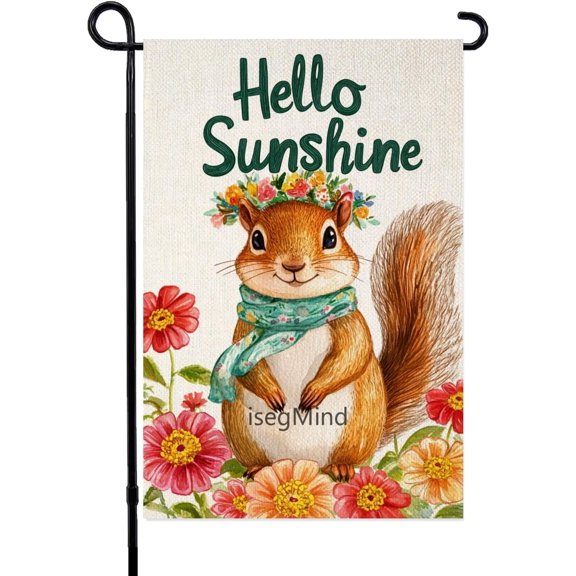 Spring Summer Zinnia Squirrel Garden Flag, Double Sided Farmhouse Yard Flag 12x18 Inch for Seasonal Outdoor Decor