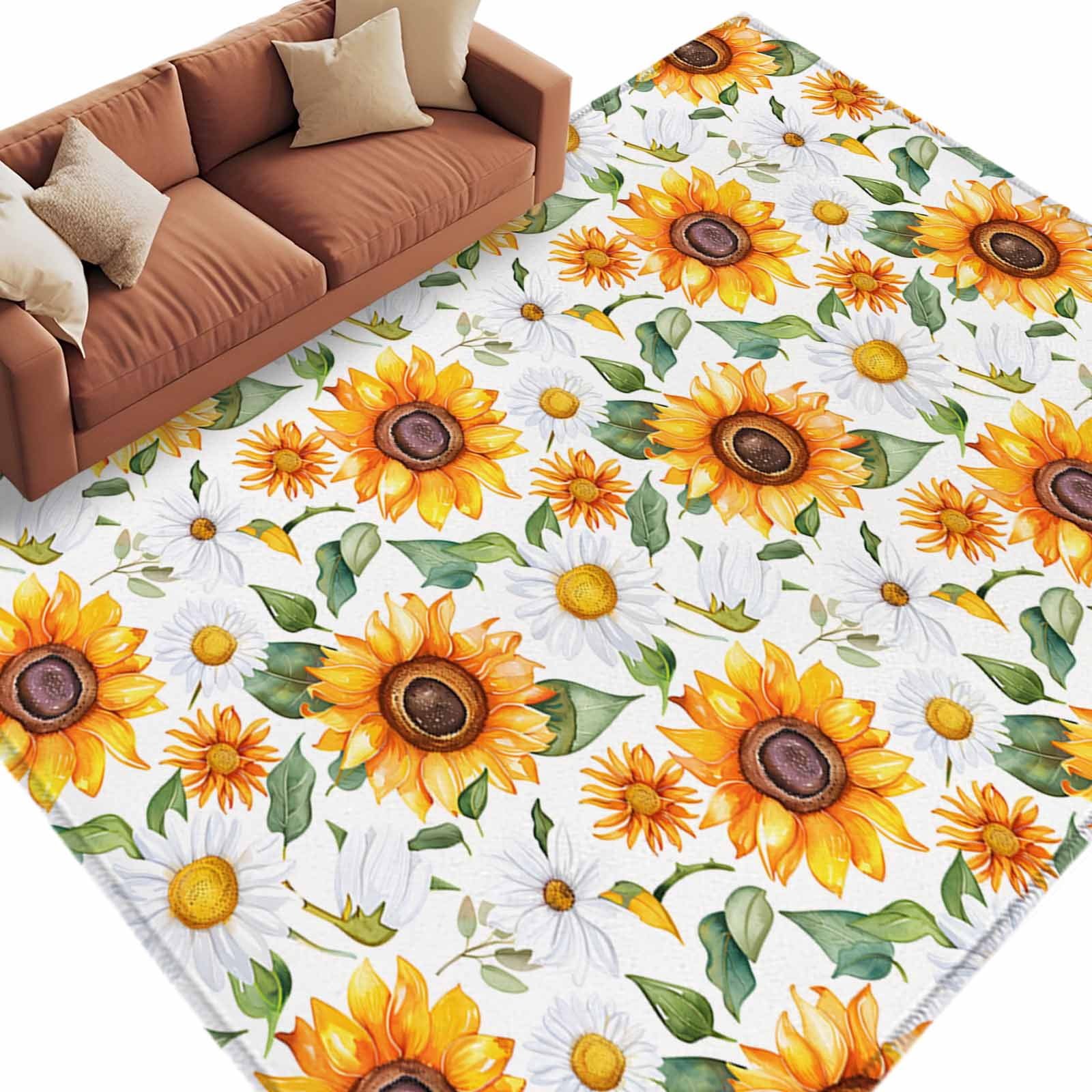 Spring Sunflower Area Rug 6x9ft White Daisy Floral Oil Painting Garden ...