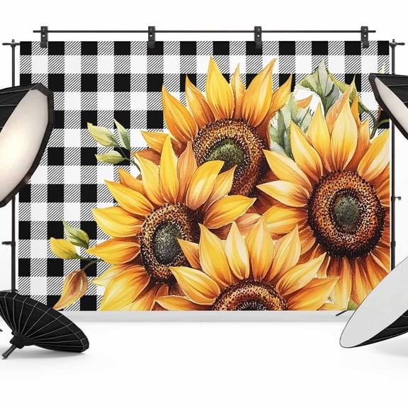 Spring Sunflower Backdrop for Photography,Fabric Photo Background Backdrop,Black White Buffalo Plaid Yellow Floral Photo Booth Background for Portrait Photoshoot Video Wedding Decoration Banner 7x5ft