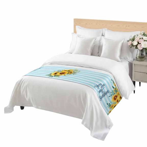 Spring Sunflower Bed Runner Twin Size You Are My Sunshine Leaf Blue Striped Soft Bed Scarf for Foot of Bed, Decorative Bedding Scarf Protection for Hotel Home Bedroom 71 x 20 Inch