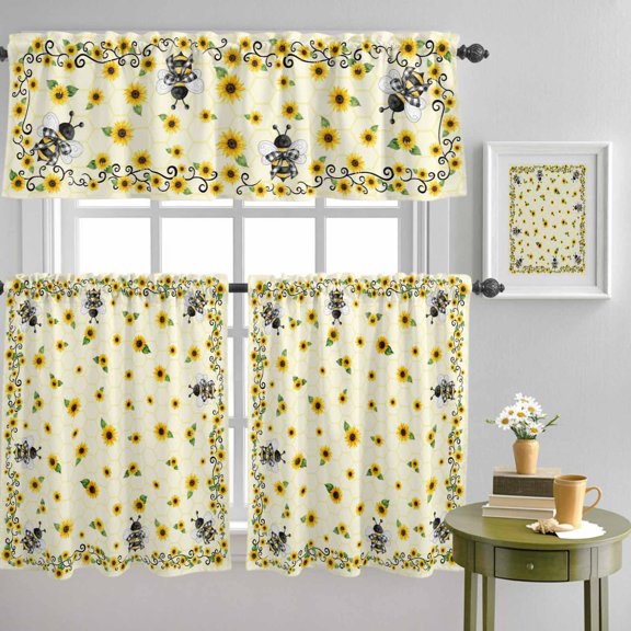 Spring Sunflower Bee Curtain Tier and Valance Set 3 Piece, Pastoral Flower Plant Yellow Theme 3-inch Rod Pocket Window Tier Curtains Valance for Kitchen Living Room