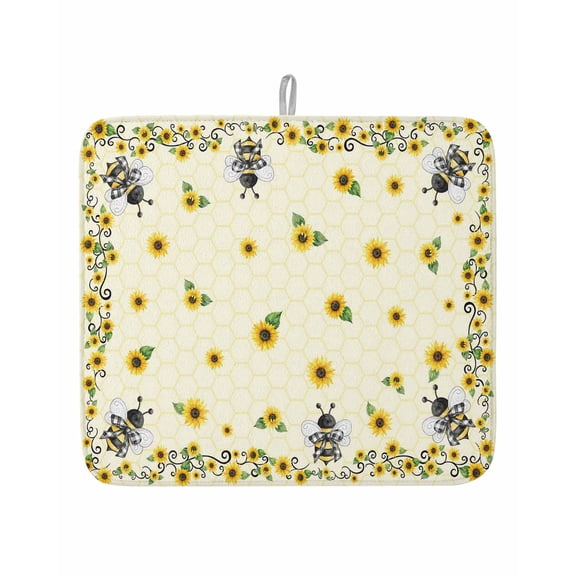 Spring Sunflower Bee Dish Drying Mats for Kitchen Counter,Absorbent Microfiber Dish Drainer Rack Mat Pastoral Flower Plant Yellow Theme Drying Pad for Sinks,Utensils,Countertops,16x18in
