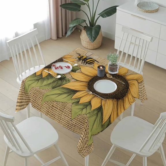 Spring Sunflower Bee on Retro Linen Table Cloth 54x54in, Waterproof Square Tablecloth Wipeable Tablecloths Spring Green Leaves Table Covers for Dining Tables Party Indoor Outdoor