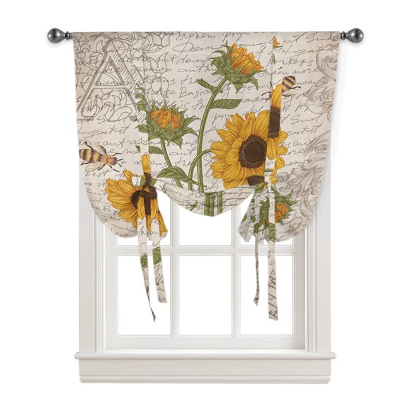Spring Sunflower Bee Retro Window Curtain for Living Room Roman Curtains for Kitchen Cafe Tie Up Short Drapes