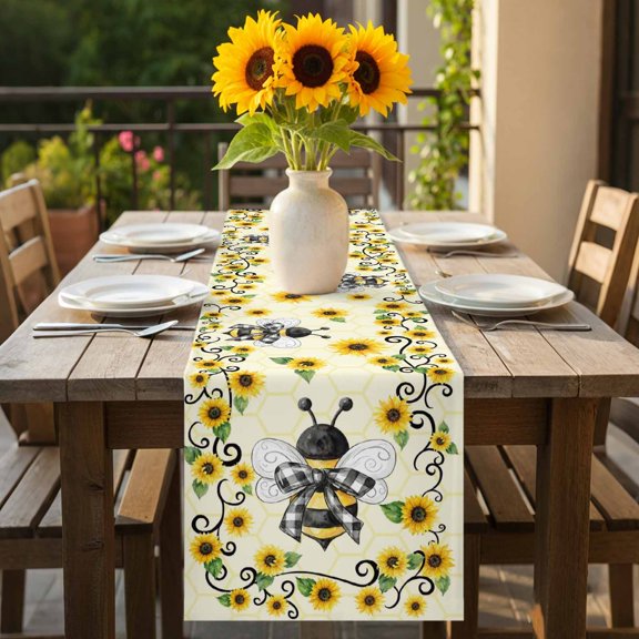 Spring Sunflower Bee Table Runner 36 Inches Long,Kitchen Dining Tablerunners Pastoral Flower Plant Yellow Theme Linen Table Runners Dresser Scarves for Home Dinner Wedding Holiday Party Decor